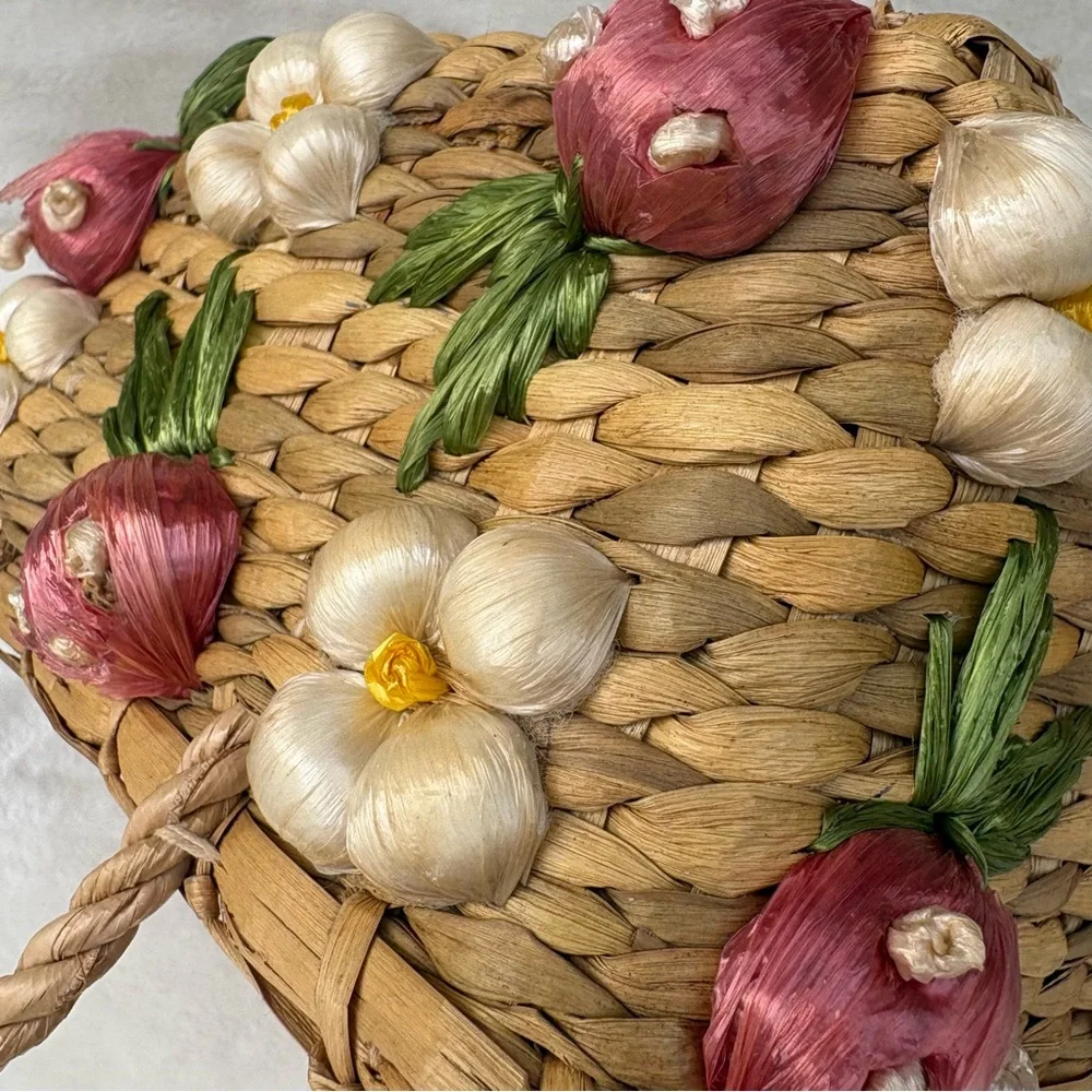 Vintage Handmade Straw Basket w/ Strawberry & Floral with Raffia Trim Handles